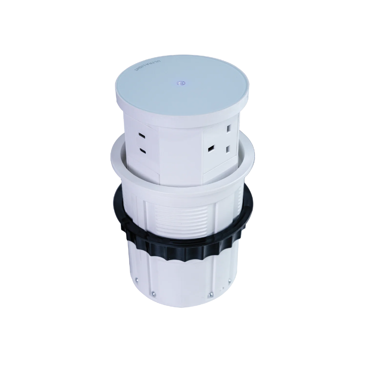 White and black cylindrical plumbing fitting on a white background