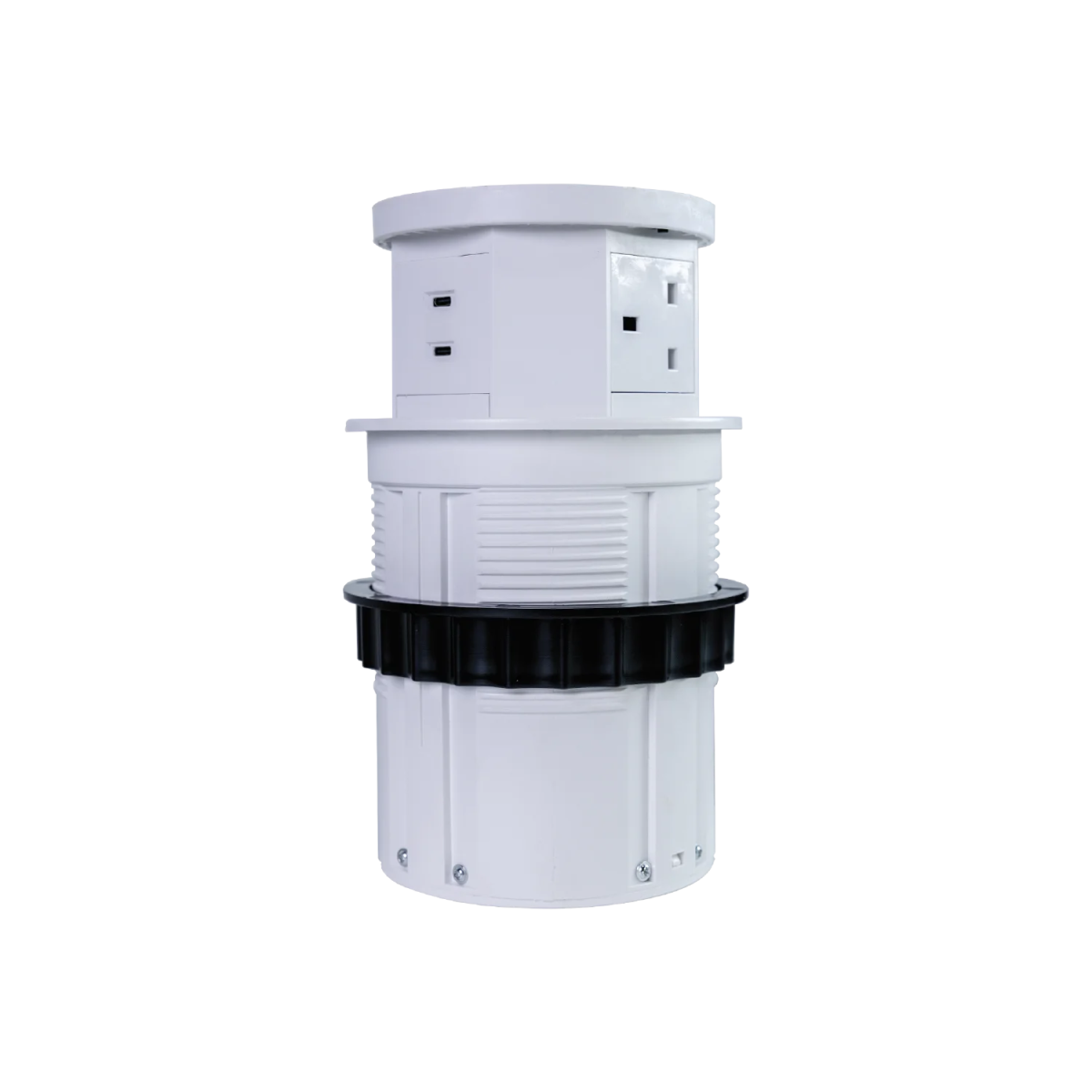 White cylindrical device with black band on a white background