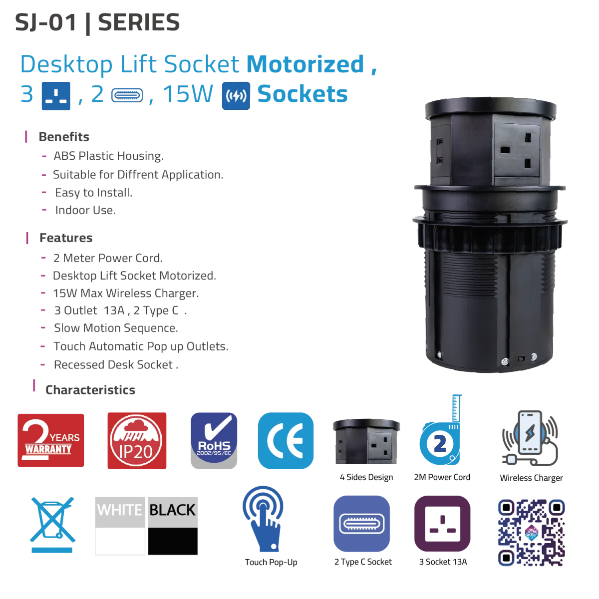 Desktop lift socket motorized with features and specifications on a white background