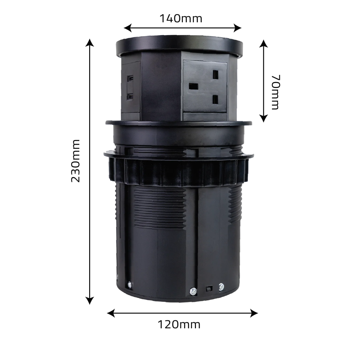 Black cylindrical device with dimensions labeled on a white background