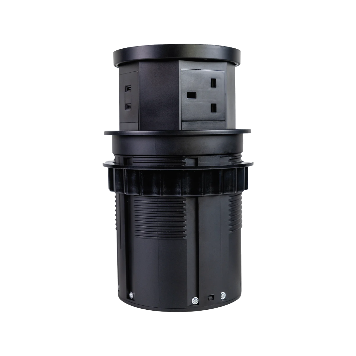 Black cylindrical power strip with multiple outlets on a white background