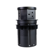 Black cylindrical power strip with multiple outlets on a white background