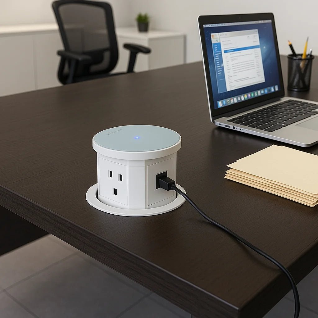 White desk organizer with multiple outlets on a dark wooden desk next to a laptop.