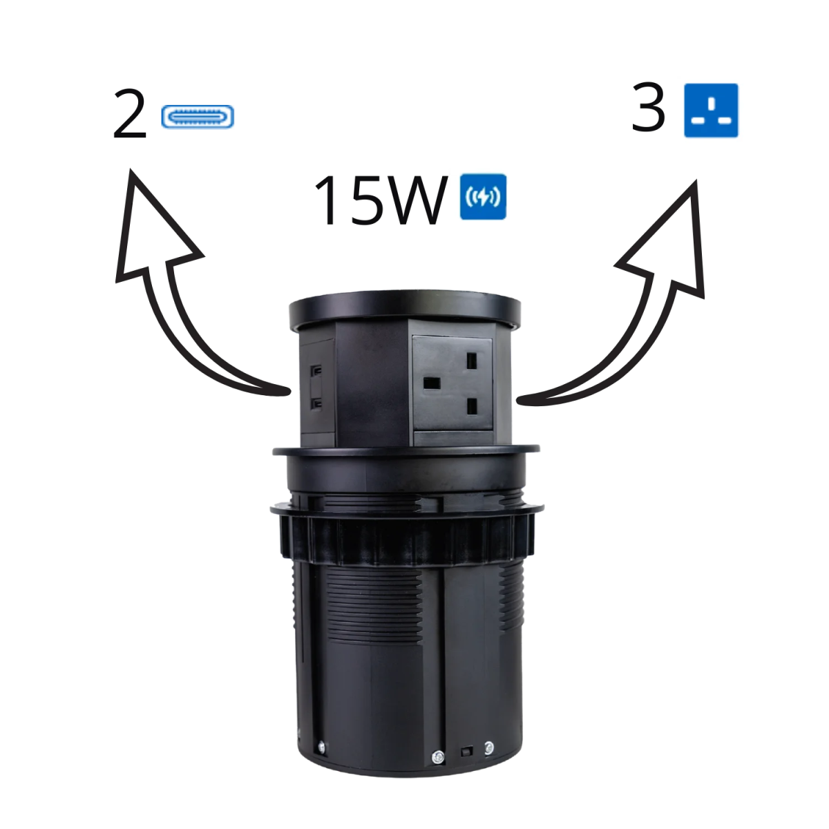Black electrical outlet with labeled power consumption and connectivity on a white background