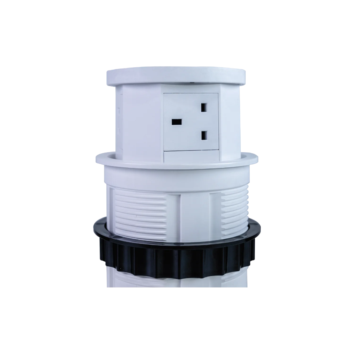 White cylindrical electrical outlet with black base on a white background