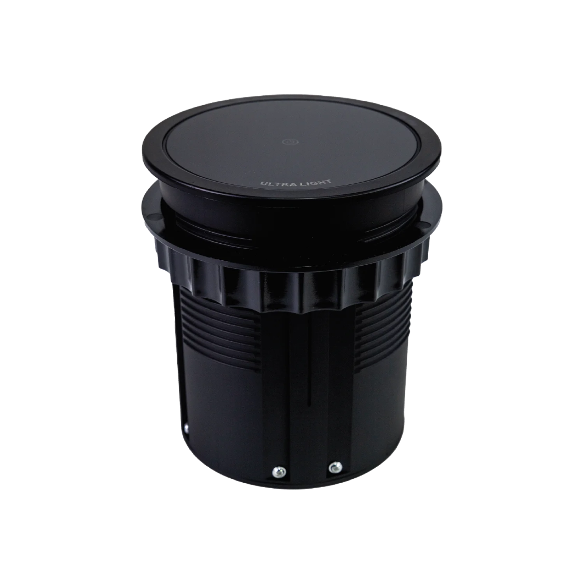 Black cylindrical light fixture with a cover on a white background