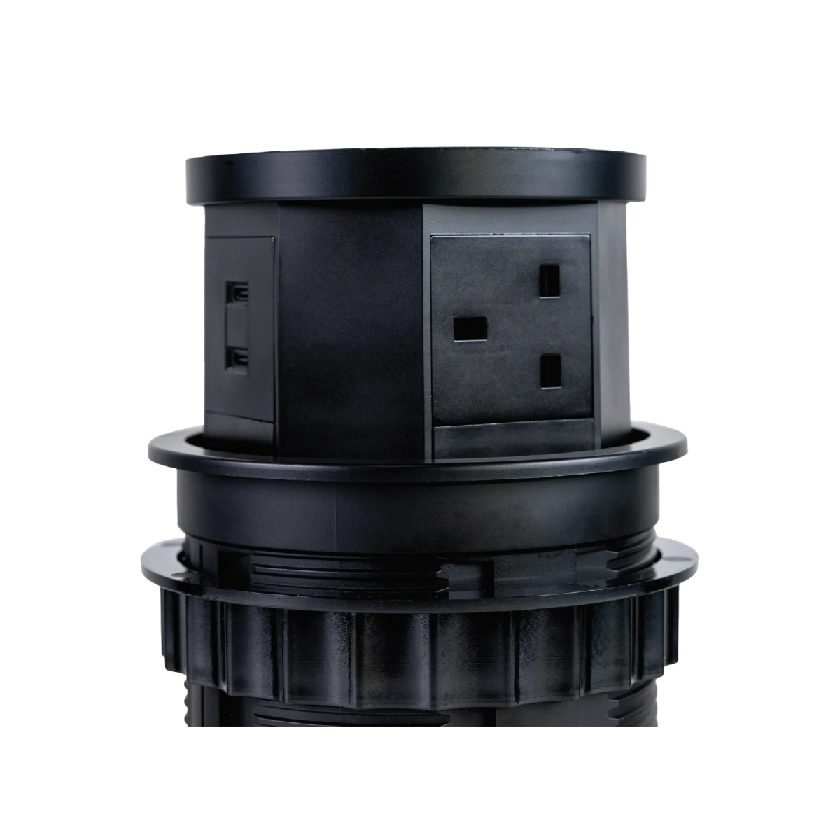 Black cylindrical device with multiple ports on a white background