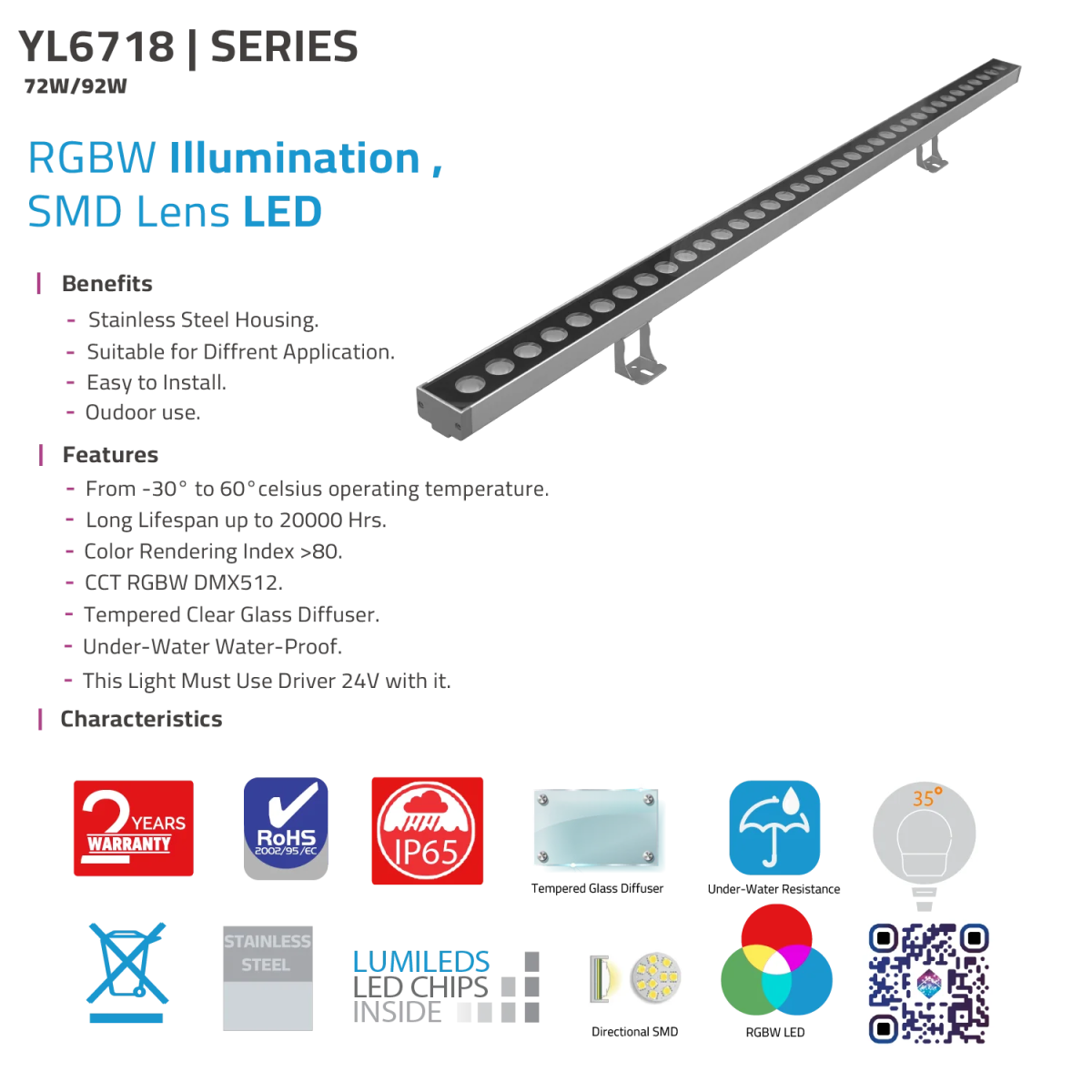 إضاءة وال وشر خطية 1 متر مقاوم للماء IP65 (YL6718)