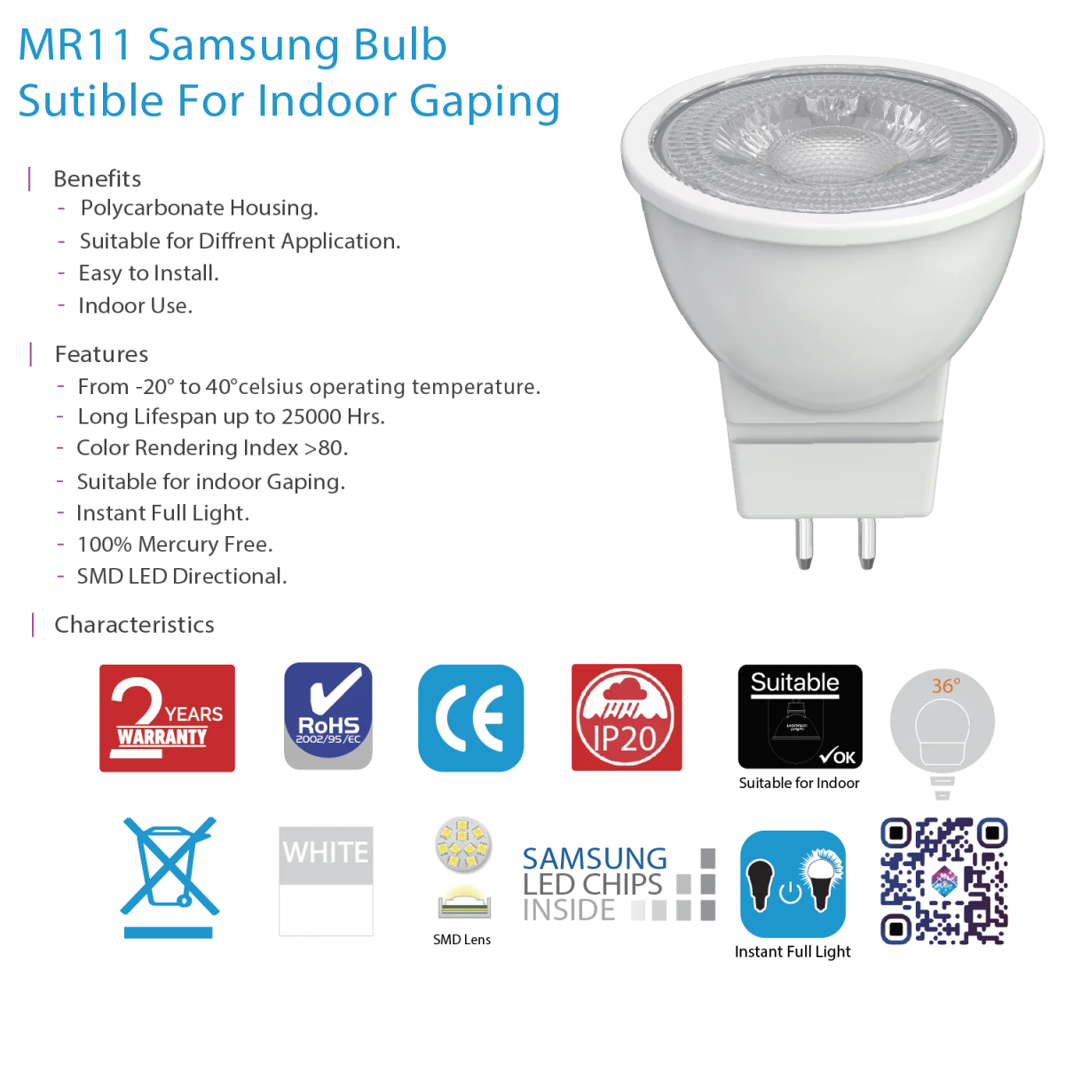 Ultra Light Small LED Bulb | MR11 Samsung LED 2W Indoor (UTL-14aM250ST)