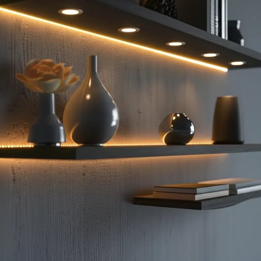 Decorative shelf with vases and a flower against a textured wall with strip lighting.