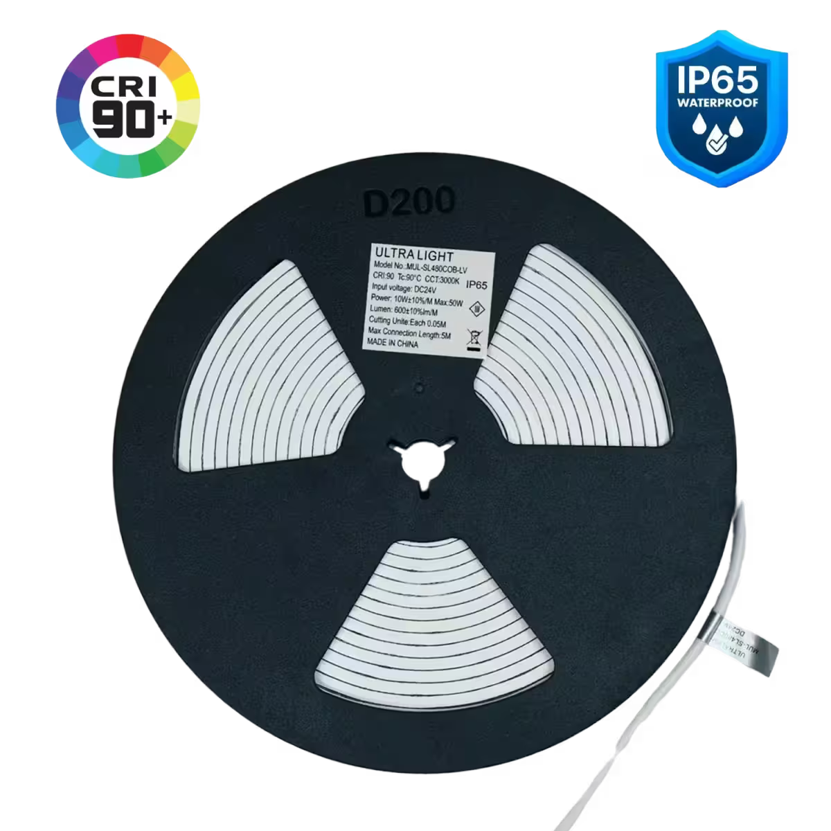 Black reel of LED strip light with CRI 90+ and IP65 waterproof badges on a white background