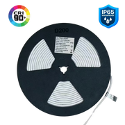 Black reel of LED strip light with CRI 90+ and IP65 waterproof badges on a white background