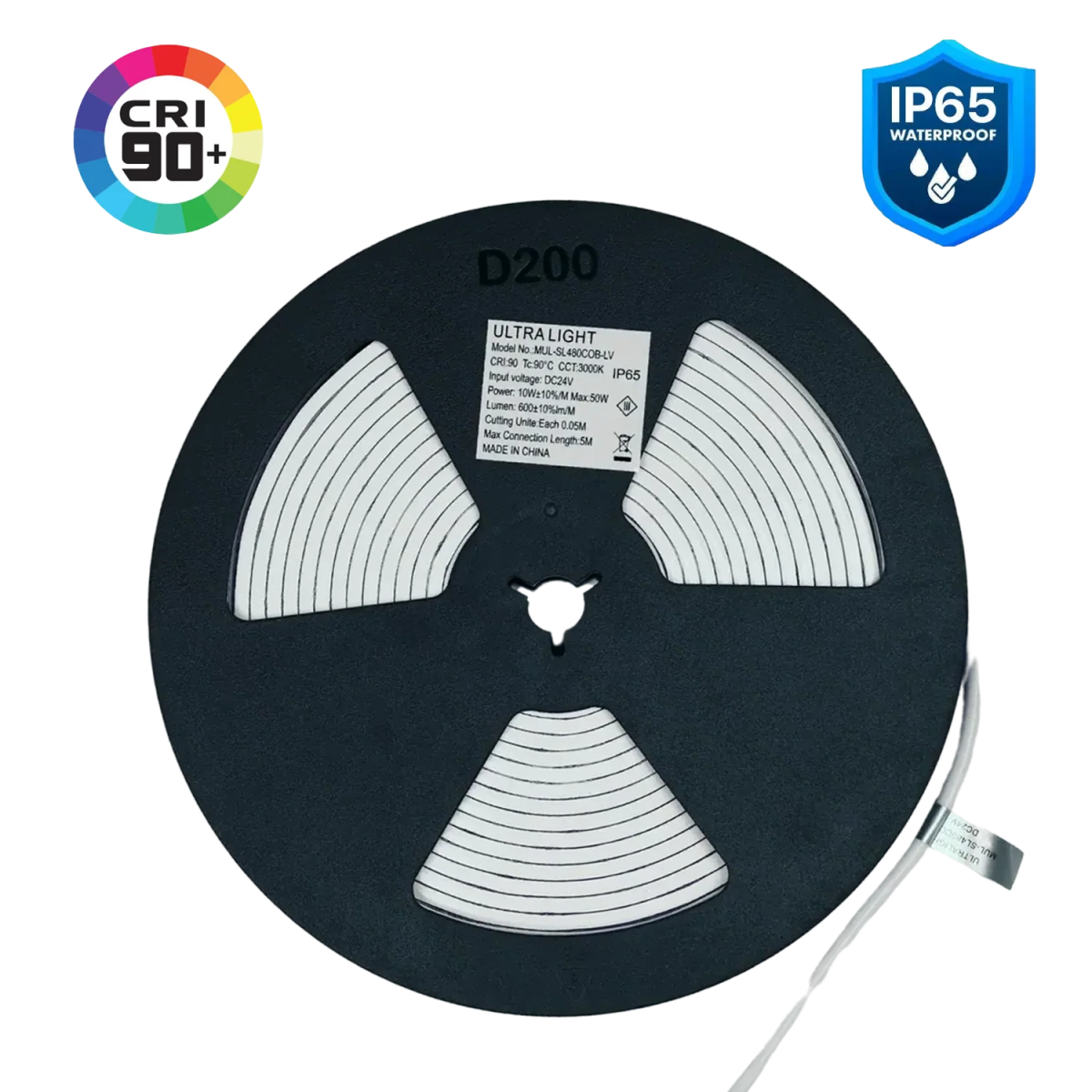 Black reel of LED strip light with CRI 90+ and IP65 waterproof badges on a white background
