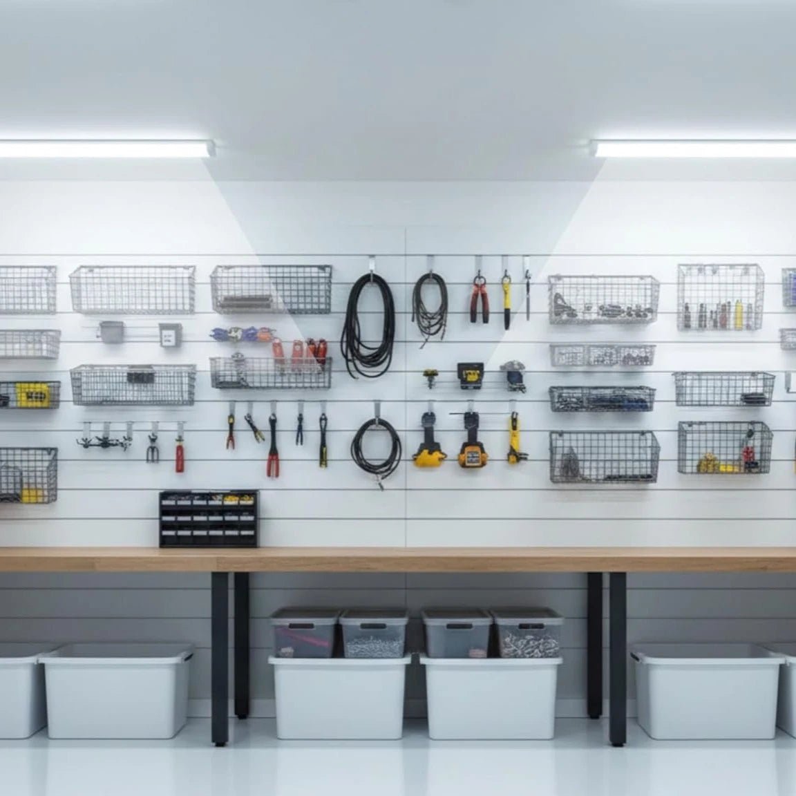 Organized garage with tools and equipment on a wall-mounted rack.