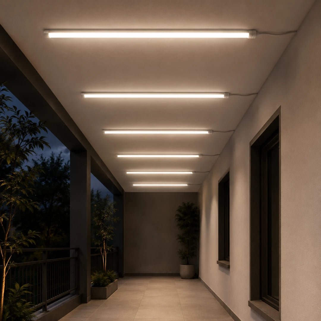 Modern outdoor corridor with linear ceiling lights and plants.