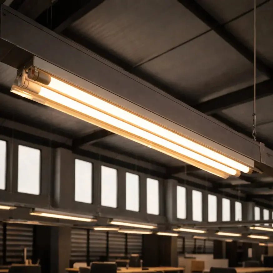 Long fluorescent light fixture hanging from a ceiling in an indoor setting.