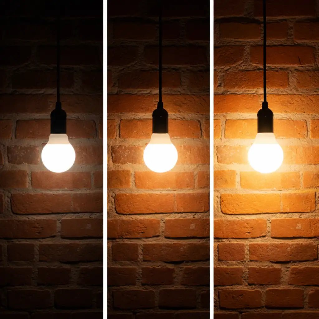 Light bulb on a brick wall with three different brightness levels.