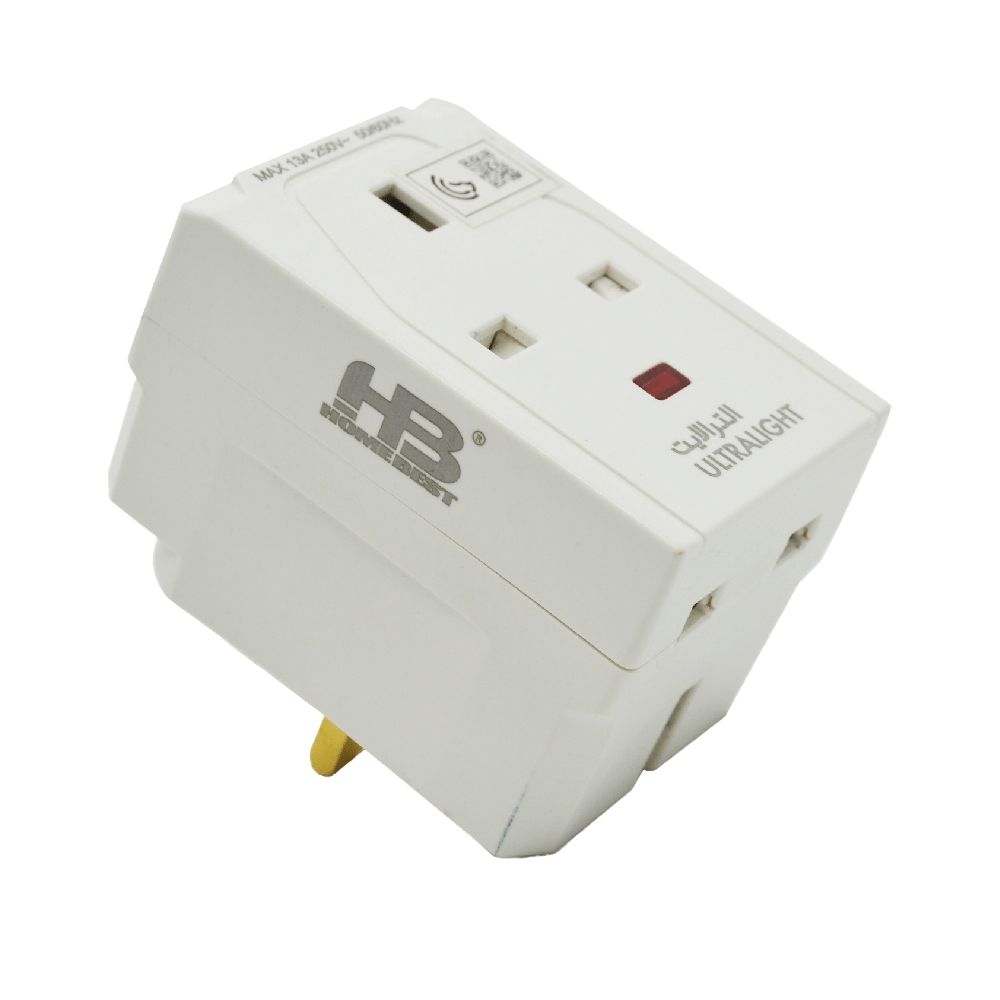 White travel adapter with multiple sockets on a green background