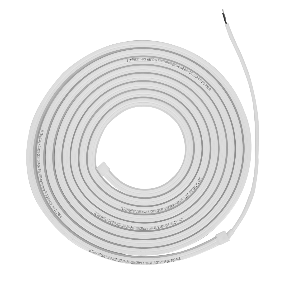 A flexible yellow LED strip light designed for outdoor use, displaying a warm light color temperature.