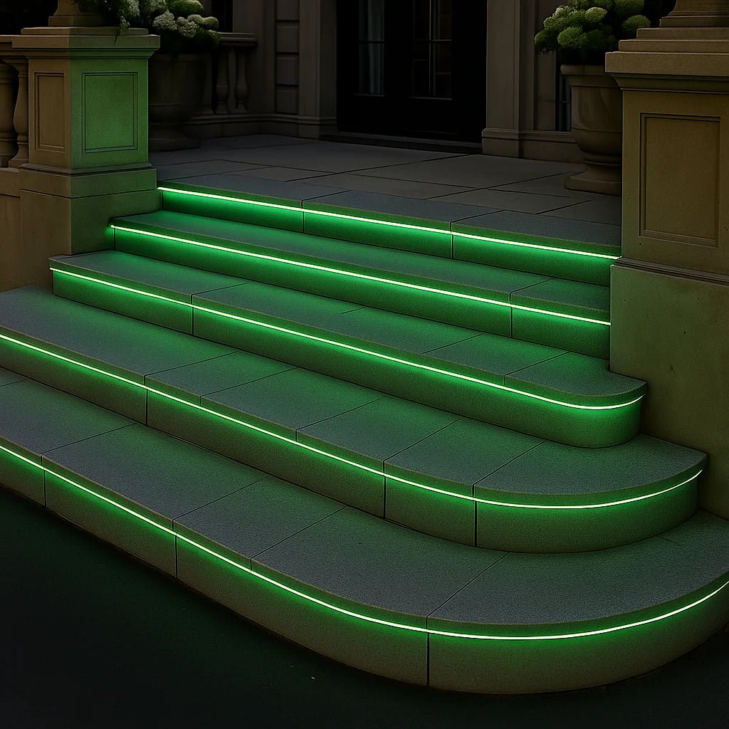 Steps illuminated with green LED lights at night
