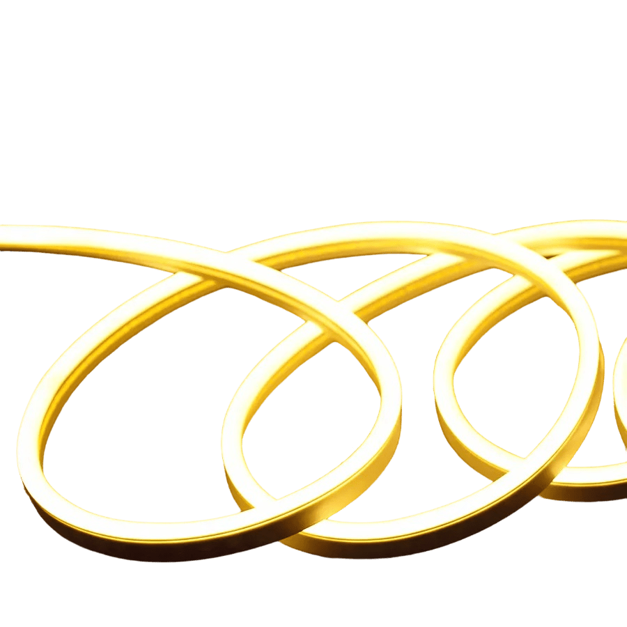 A flexible yellow LED strip light designed for outdoor use, displaying a warm light color temperature.