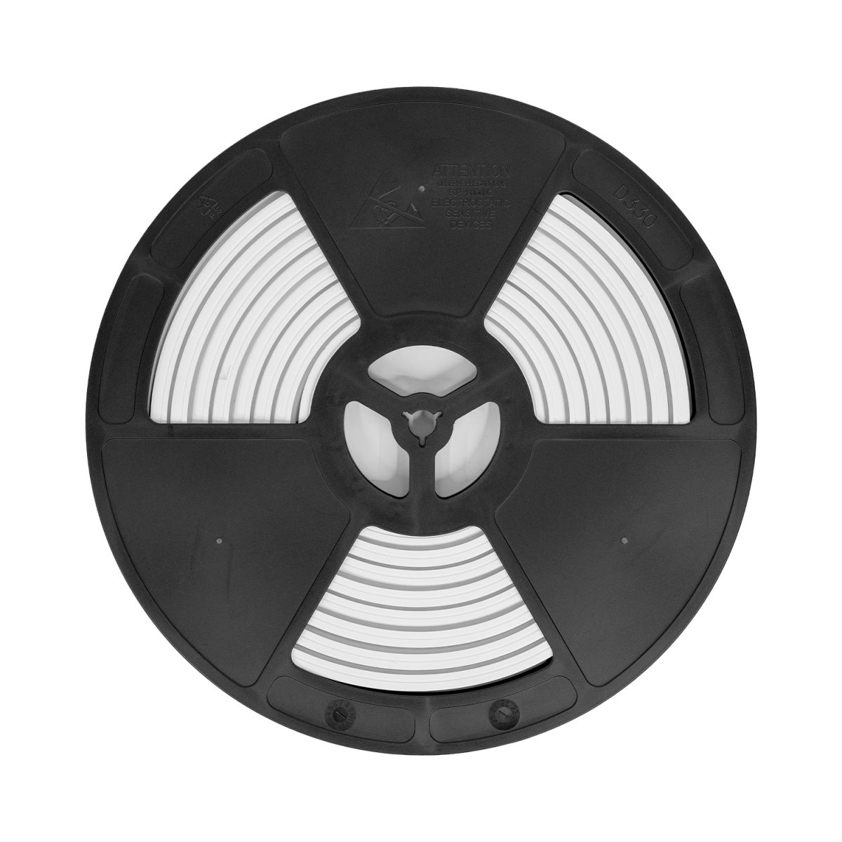 Spool of black ribbon with a central design on a transparent background