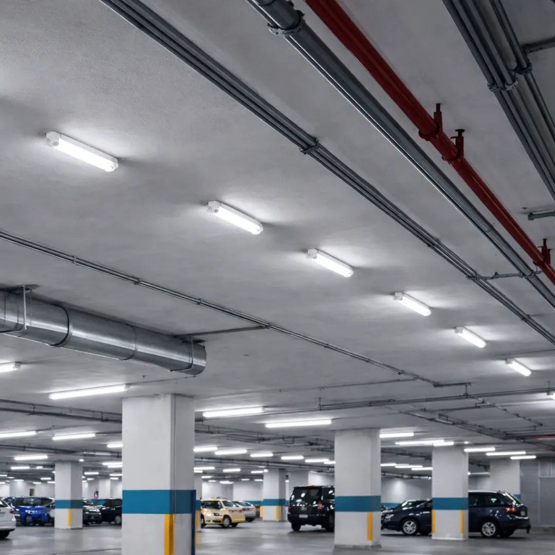 Underground parking garage with cars parked and lights on the ceiling.