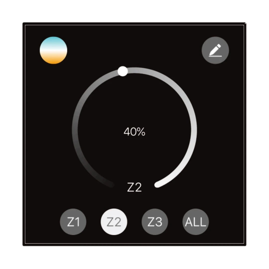 Control panel with a circular dial displaying 40% and buttons labeled Z1, Z2, Z3, and ALL on a black background.