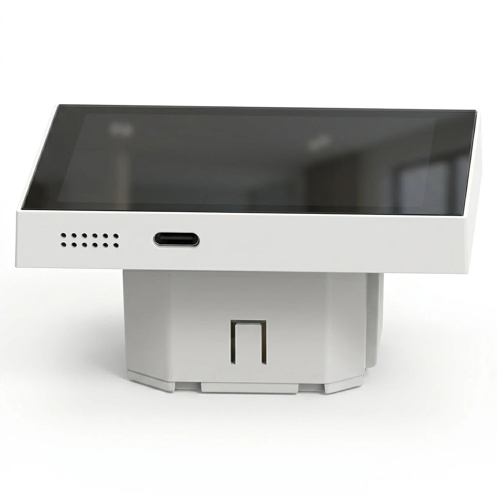 Touchscreen kiosk with a metallic finish on a white background