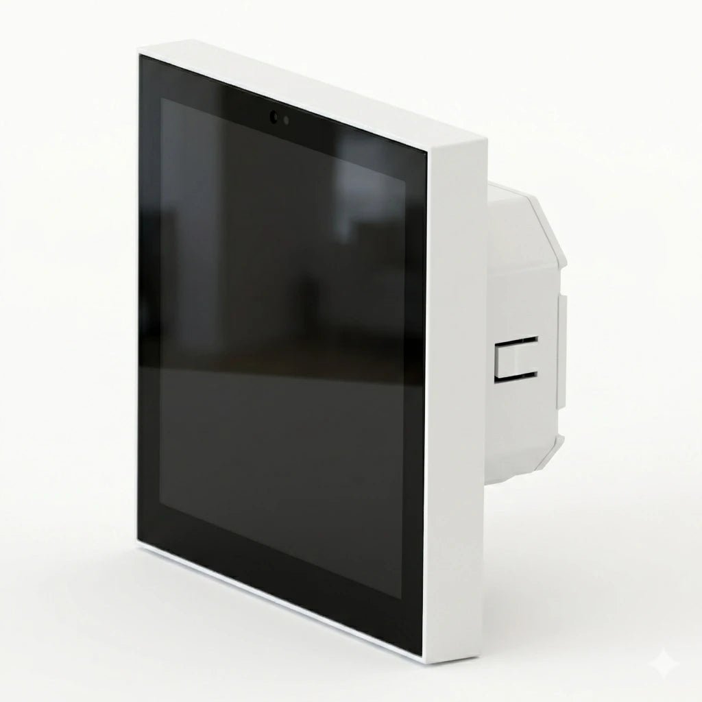 White electronic device with a black screen on a white background