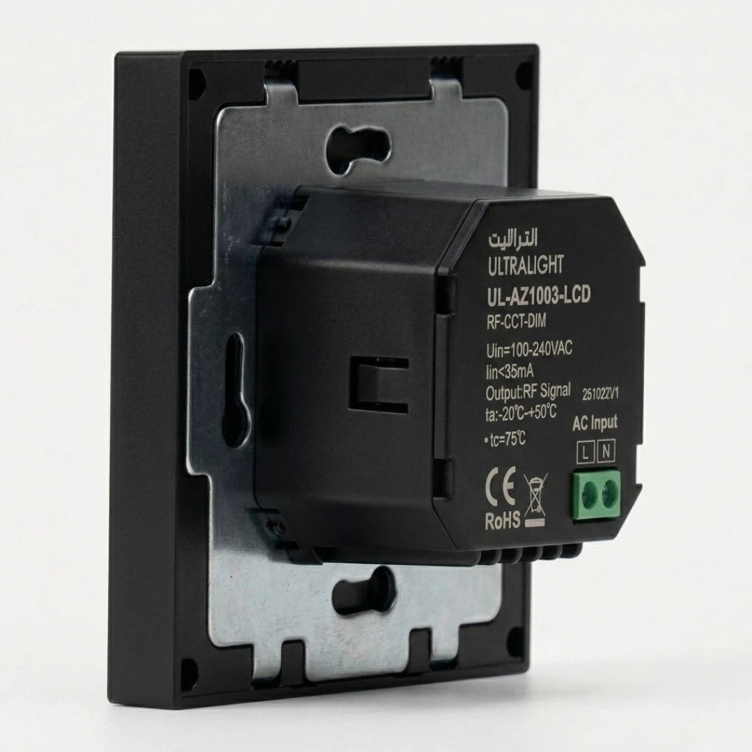Black electrical switch with label on a white background
