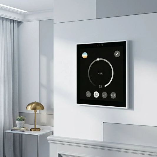 Modern control panel on a wall with a minimalistic interior design.