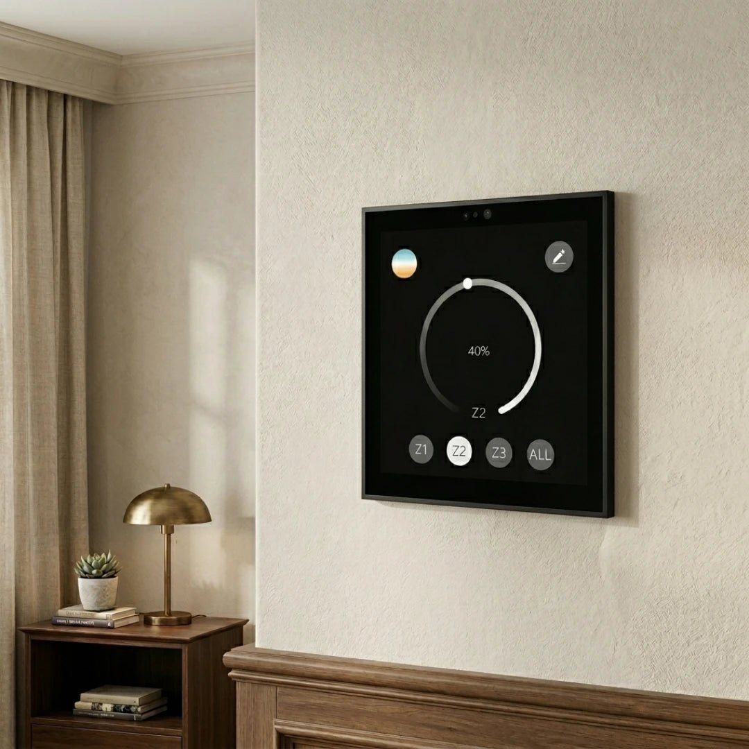 Smart home control panel on a wall in a room with a lamp and plant.