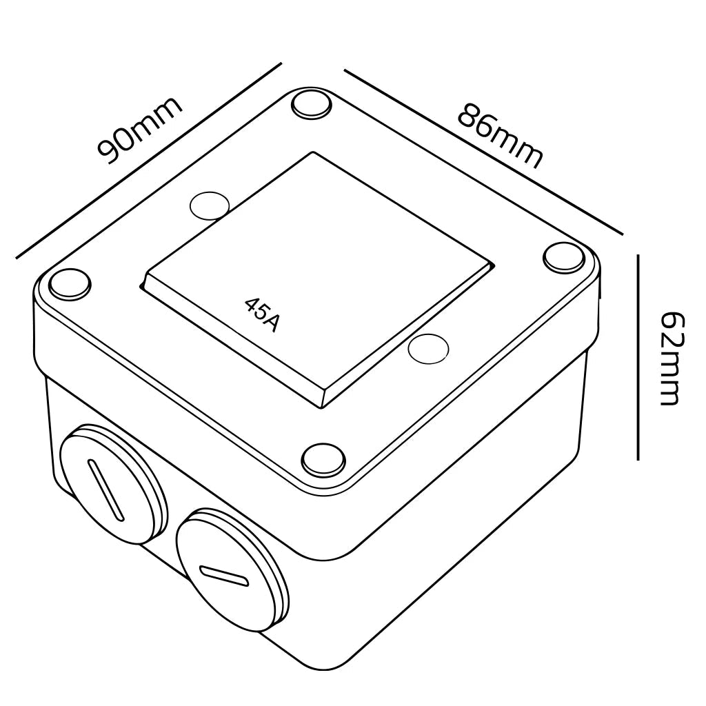 Technical drawing of a rectangular electrical junction box with dimensions labeled.