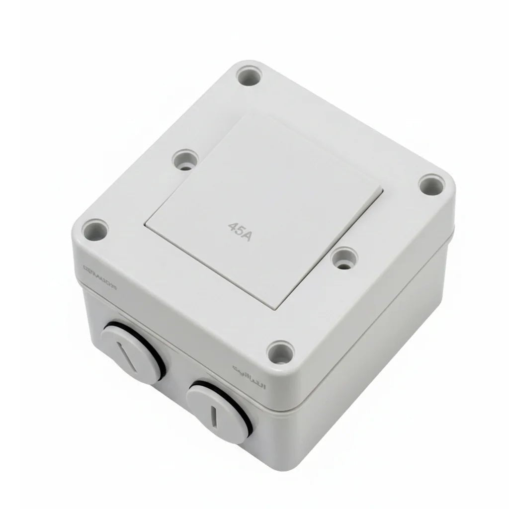 White electrical junction box with multiple screw holes on a white background