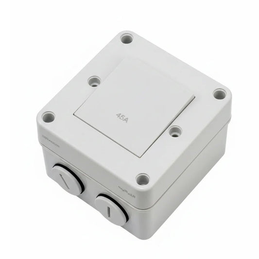 White electrical junction box with multiple screw holes on a white background