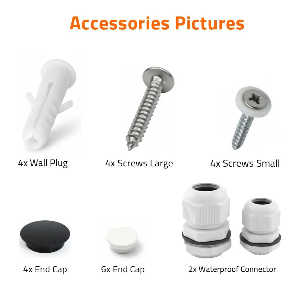 Set of accessories including wall plugs, screws, end caps, and a waterproof connector on a white background.