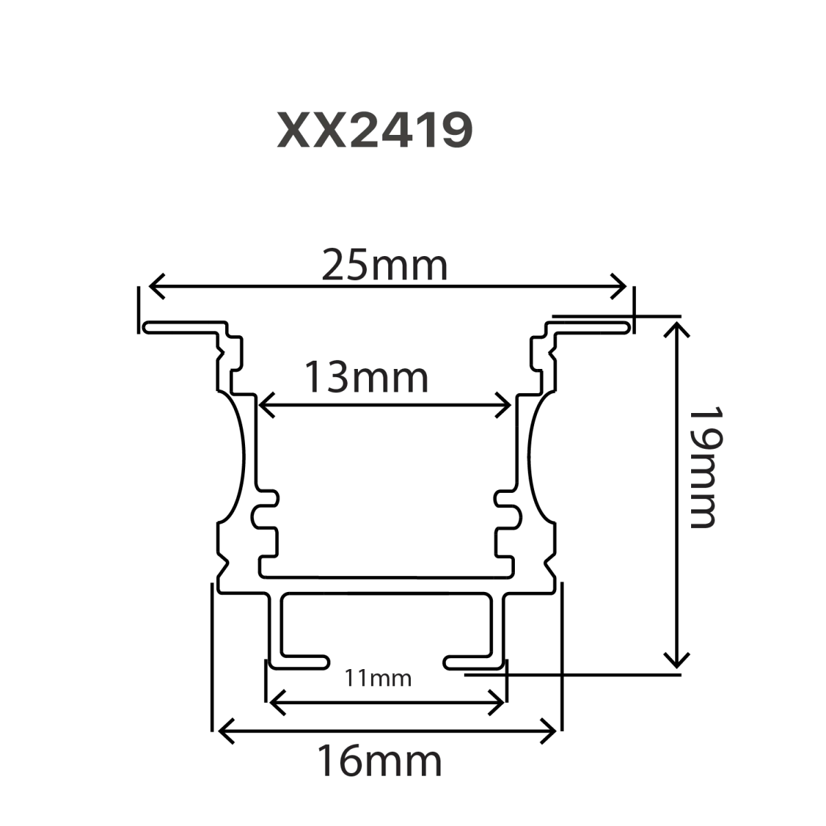 Technical drawing of a profile with dimensions labeled