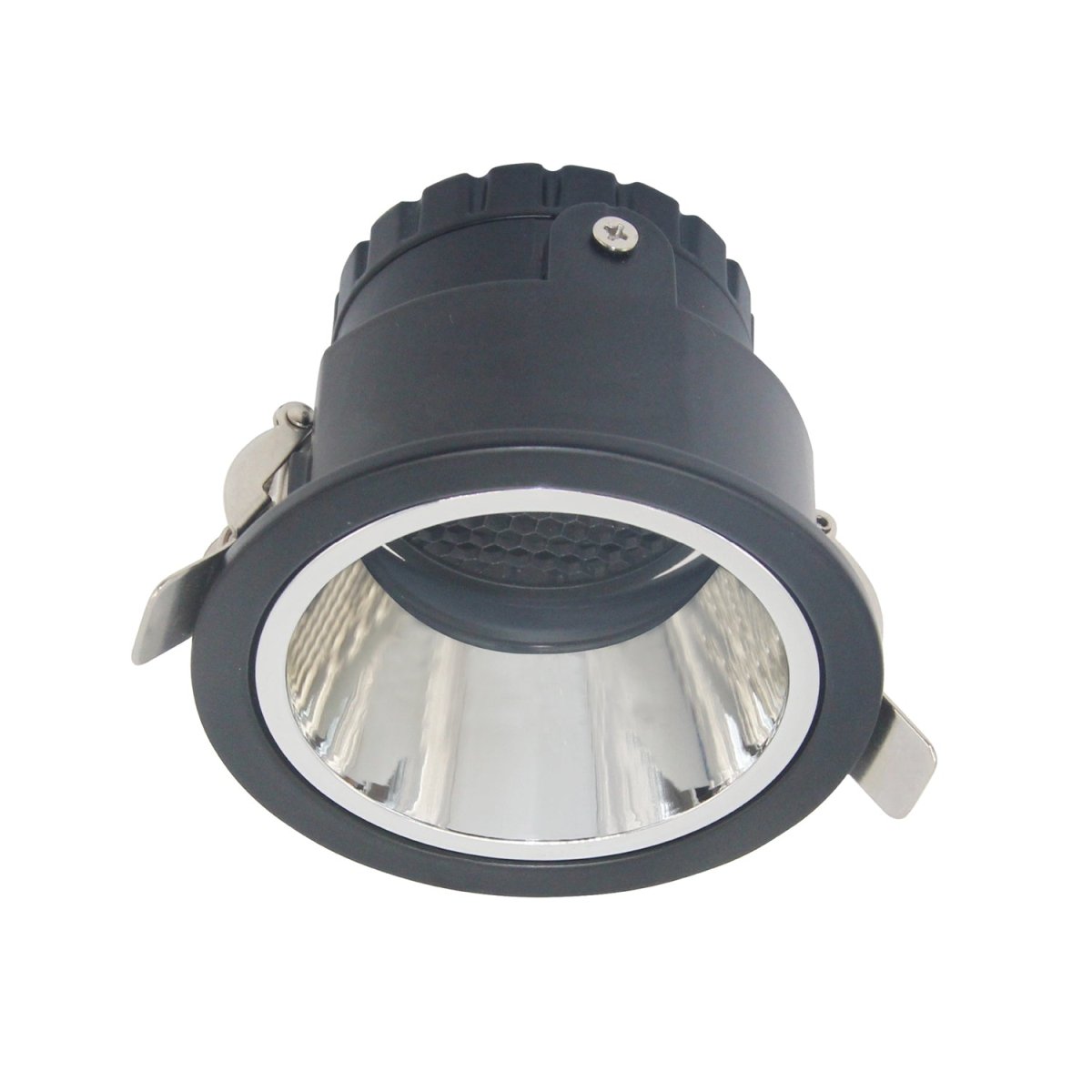 A white and gold anti-glare aluminum ceiling spotlight with a GU10 lamp base.