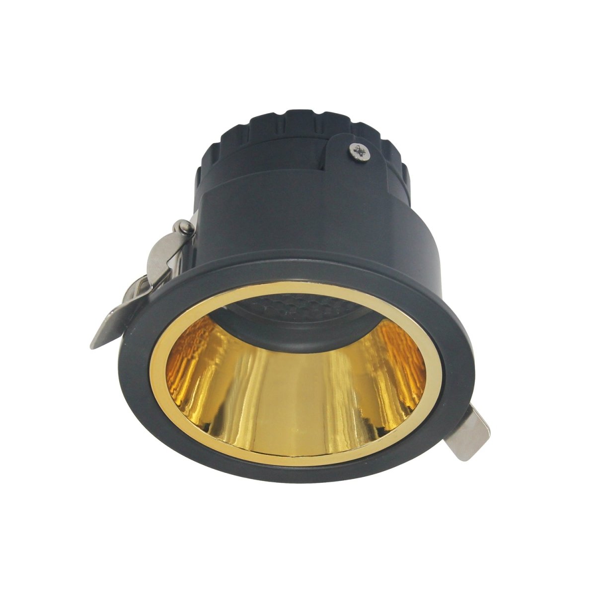 A white and gold anti-glare aluminum ceiling spotlight with a GU10 lamp base.