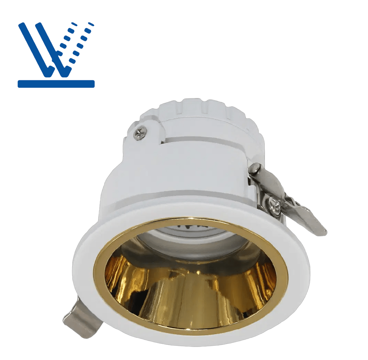 White and gold recessed ceiling light on a white background