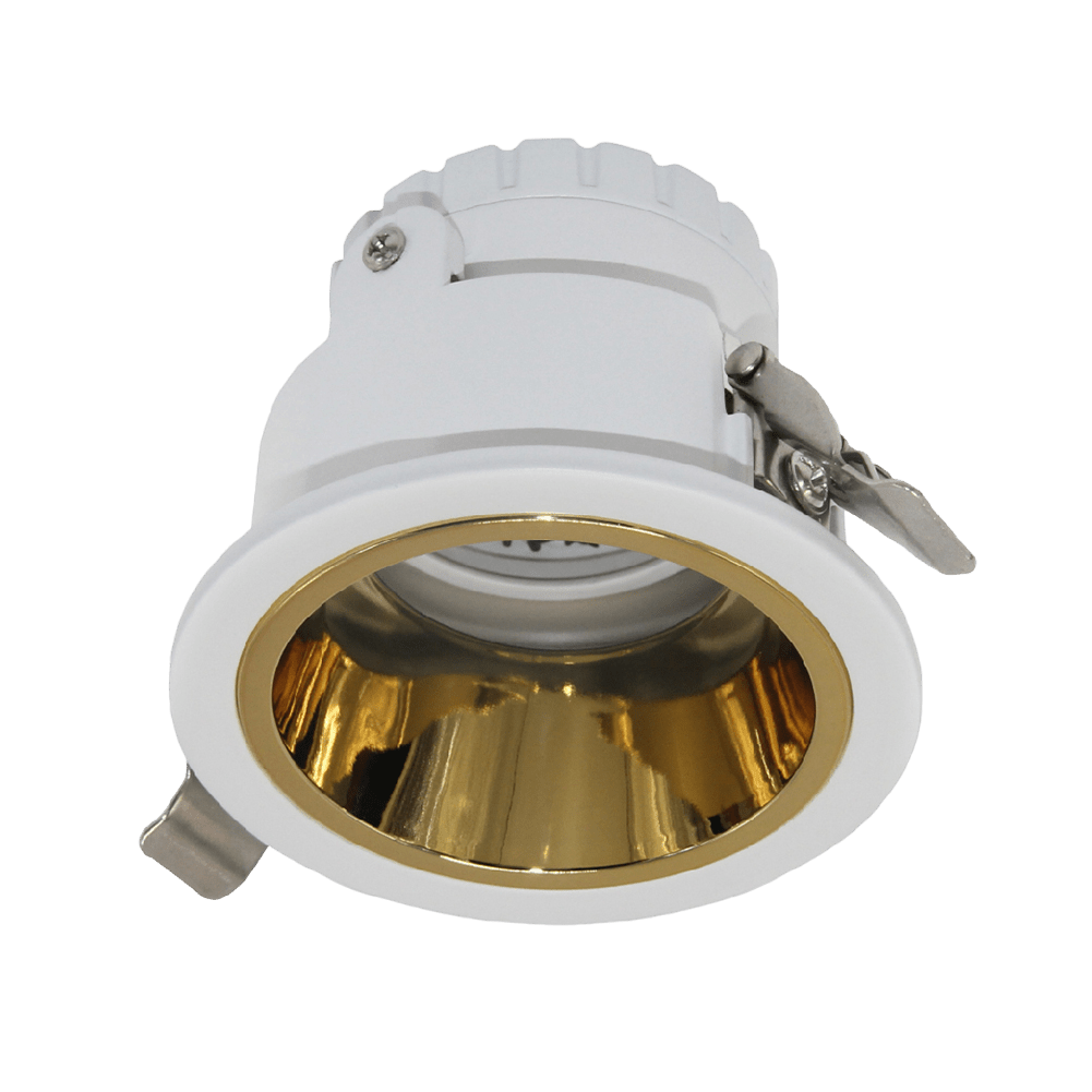 A white and gold anti-glare aluminum ceiling spotlight with a GU10 lamp base.