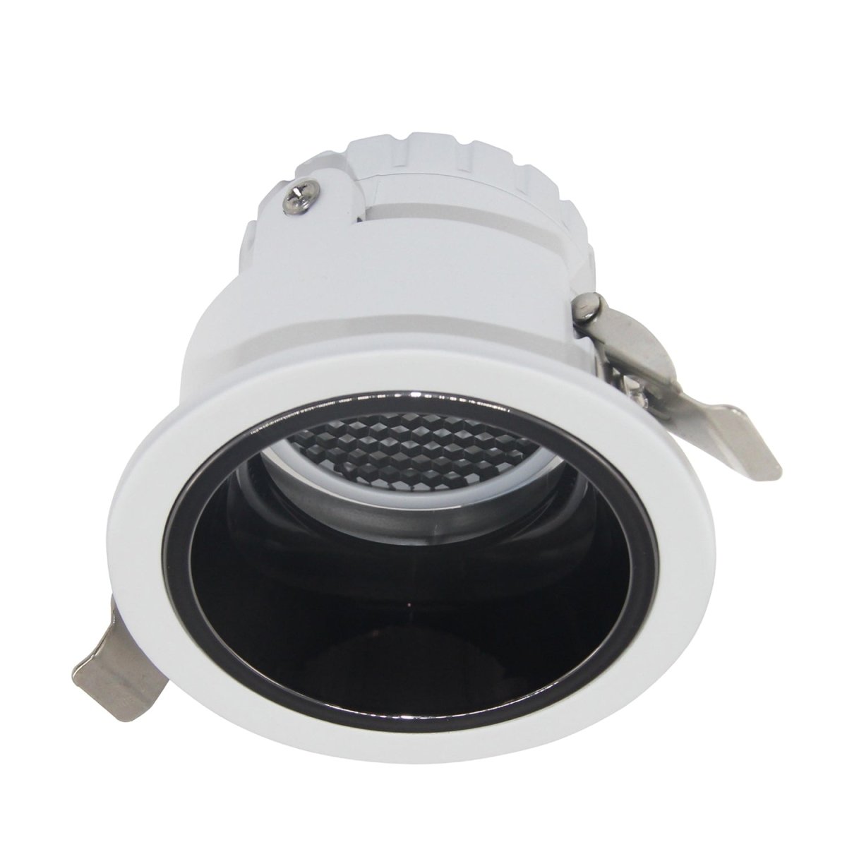 A white and gold anti-glare aluminum ceiling spotlight with a GU10 lamp base.