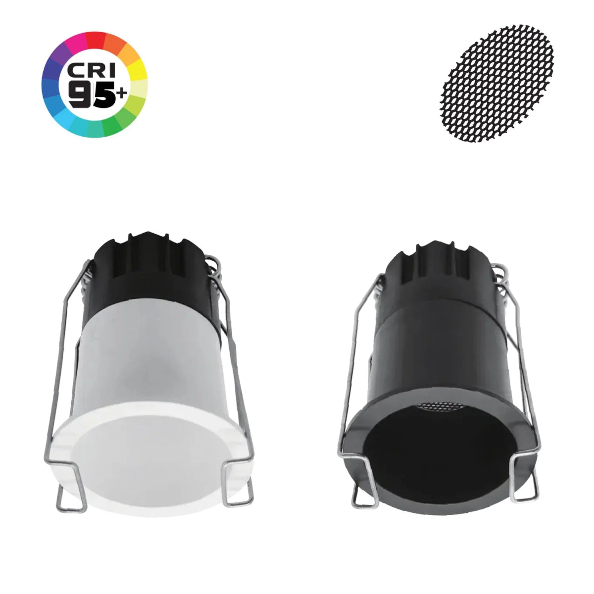Two cylindrical light fixtures with a CRI 95+ rating and a black grid pattern on a white background.