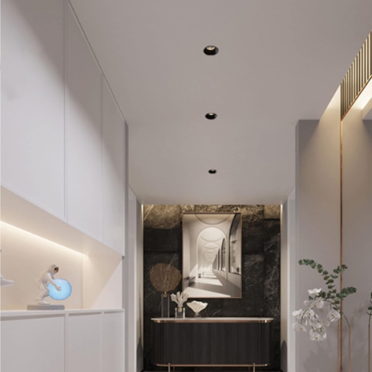 Modern interior hallway with white walls, a black marble wall, and decorative elements.