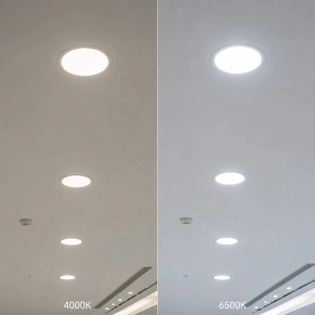Comparison of two ceiling lights with different color temperatures on a neutral background.