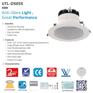 Downlight fixture with specifications and features on a white background