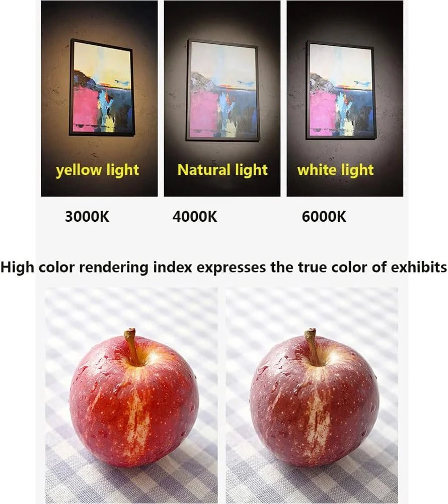 Comparison of light sources on a display with apples shown in different lighting conditions.