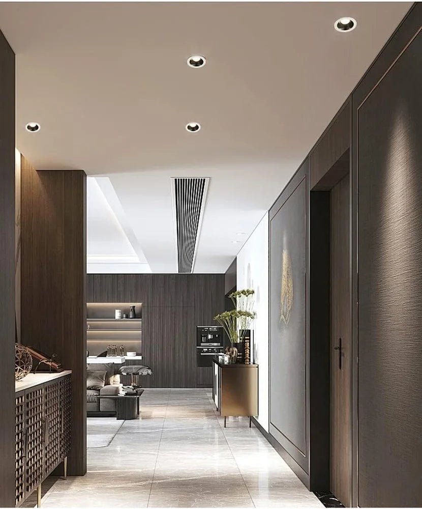 Modern interior hallway with wooden walls and ceiling lights