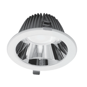 LED downlight with black housing and silver reflector on a white background